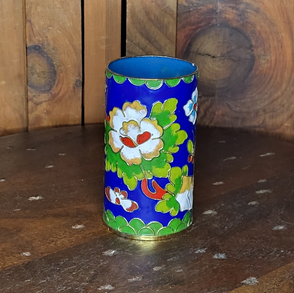 Floral Blue and Green Cloisonné Vase - Picture 3 of 14